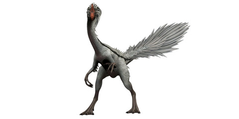 Feathered dinosaur with vibrant plumage.