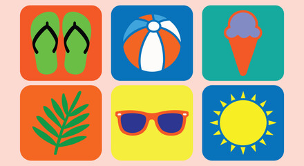 Summer Vacation Icons Set with Beach and Holiday Elements