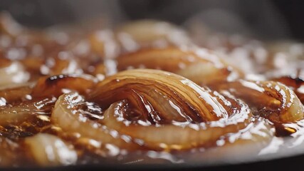 A captivating closeup view of thinly sliced onions slowly caramelizing in a hot pan simmering in a rich dark glossy sauce creating a delicious and aromatic culinary preparation for gourmet dishes and.