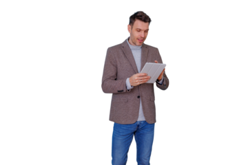 Professional man in smart casual attire using a tablet, working, and communicating with modern technology