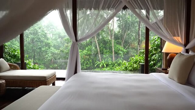 Elegant bedroom interior with canopy bed and lush green jungle view behind large windows daytime setting