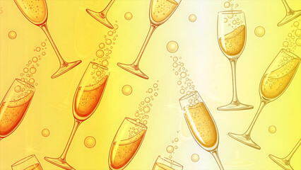 Lively Illustration of Golden Champagne Glasses and Effervescent Bubbles Pattern on a Bright Yellow Background, Perfect for Festive Celebrations and Toasting