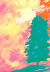 Christmas Tree w/Twinkling Shining Star of Bethlehem on Top- Digital Painting, Art, Illustration in Green, Teal, Pink & Orange-Holiday, Celebration, Merry Christmas, Happy Holidays, Pine, Conifer,