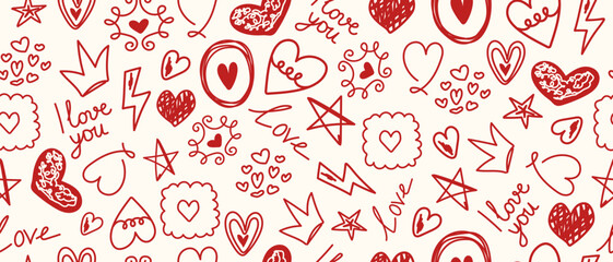 A seamless doodle pattern with a red heart, star, crown, and love message for a decorative background or Valentine's Day.