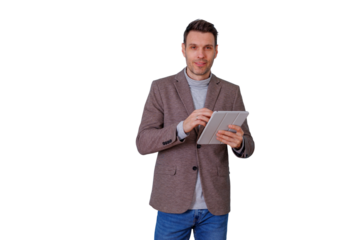 Professional man in smart casual attire using a digital tablet, smiling, standing, transparent background