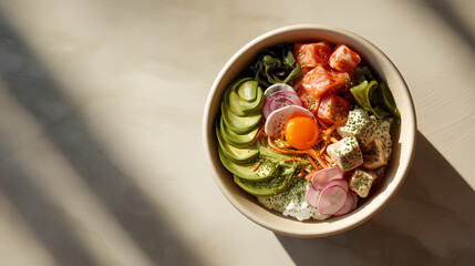 Overhead shot of a bowl filled with mixed greens, sliced avocado, diced tomatoes, and onions on a light surface with shadows.