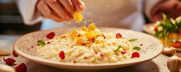 Plating risotto with crispy garnish.