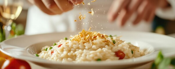 Plating risotto with crispy garnish.