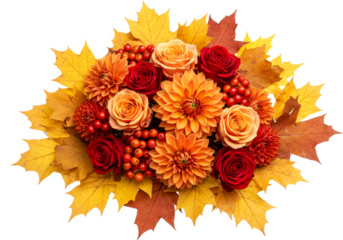Beautiful autumn flowers leaves berries bouquet arrangement showcasing the vibrant colors of the fall season, perfect for seasonal celebrations and decorative themes.