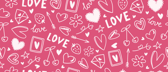 A pink seamless pattern with hand-drawn elements like hearts, "love" lettering, strawberries, and cherries, perfect for a Valentine's Day background.