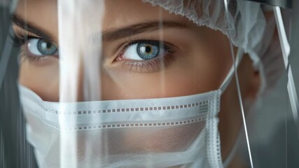 Close view of a healthcare worker wearing a protective mask and face shield highlighting safety hygiene and frontline medical responsibility