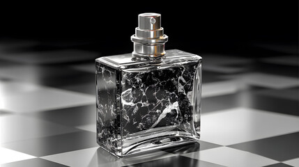 Black marble perfume bottle on checkered surface silver
