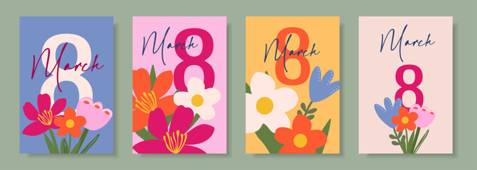 A set of four vibrant cards for International Women's Day on March 8. Spring flowers and colorful typography make for a vibrant greeting card design.