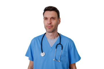 Male healthcare professional wearing blue scrubs and stethoscope, providing medical expertise, transparent background