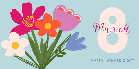 A greeting card or banner for International Women's Solidarity Day featuring a colorful bouquet of flowers. Celebrating equality and recognition on March 8th.