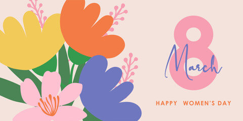 Banner or card for March 8th with a colorful decorative flower plant and large font. Banner or greeting card template for International Women's Day.