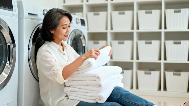 Woman folds clean white towels while seated on a laundry room floor next to front-loading machines. Shelving with uniform storage bins provides an organized background and domestic context. Soft natur