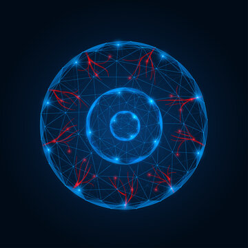 The digital organ of vision. An eyeball with a pupil, an iris, and blood vessels. The concept of artificial vision and bionic implant. Polygonal design, blue background.