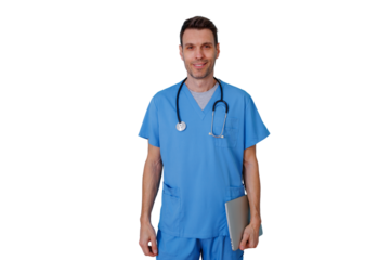 Male medical professional smiling, wearing blue scrubs and stethoscope, holding a laptop, ready for patient care