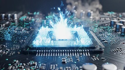 Dynamic digital data flow illuminating a powerful computer processor on a circuit board showcasing advanced artificial intelligence and machine learning capabilities with vibrant blue and green energ. - Powered by Adobe