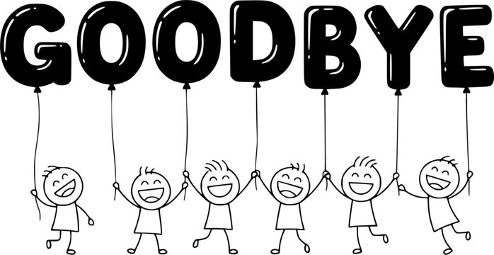 GOODBYE smiling stick figures holding golden balloon letters
