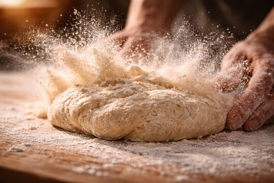 Hands kneading dough on floured surface with flour explosion - Powered by Adobe