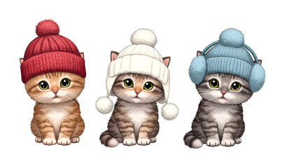 Three adorable kittens wearing colorful winter hats are sitting side by side, showcasing their cute expressions and cozy attire for the cold season.