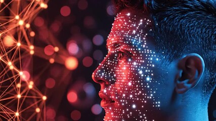 A futuristic profile view of a man with a digital network projected on his face in a dark room with neon lights. - Powered by Adobe