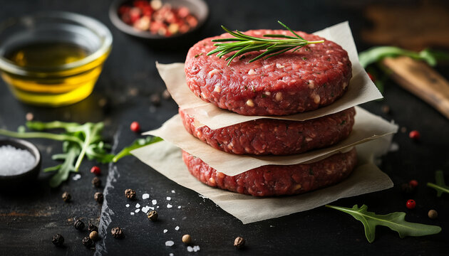 Fresh raw homemade minced beef steak burger with spices on black background