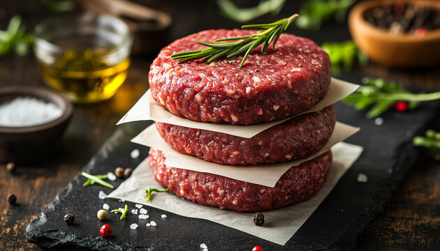 Fresh raw homemade minced beef steak burger with spices on black background