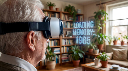 Elderly Person Using Future VR Technology for Memory Therapy and Nostalgia