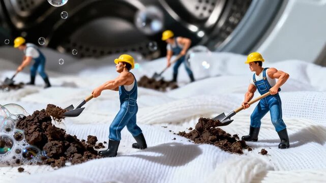 Miniature construction workers shovel soil on white fabric beside a washing machine drum. Soap bubbles float as tiny figures work with shovels, evoking a whimsical domestic scene contrasting scale and