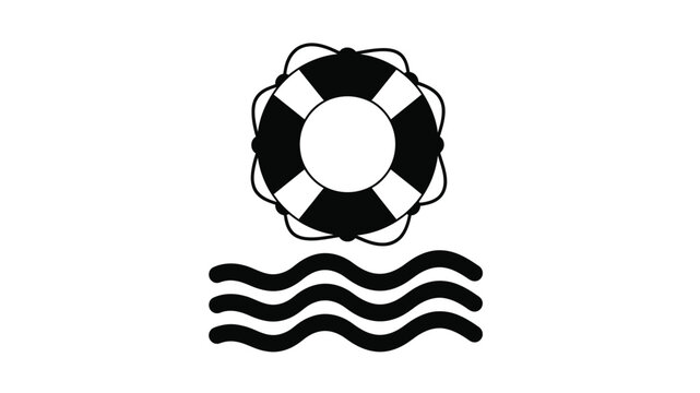 A simple black and white illustration of a life preserver floating on water waves