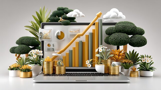 Financial growth chart with eco plants illustration high resolution image