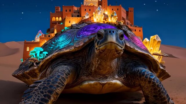 Giant tortoise carries a luminous miniature city on its shell as stars and a full moon light the desert night. Bioluminescent fungi and glowing crystals add surreal color and tactile texture to the sc