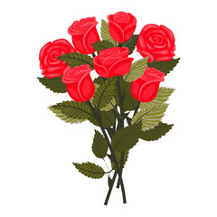 A bouquet of bright red roses. A set of seven lovely, graceful flowers. Vector illustration on a white background.
