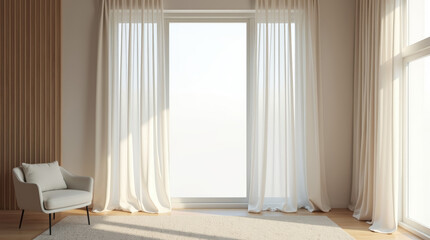 Contemporary open plan interior featuring elegant off-white curtains. Soft diffused daylight, neutral palette and premium textile decor for modern luxury living spaces