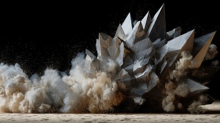 A dramatic explosion of geometric shapes in a dark background