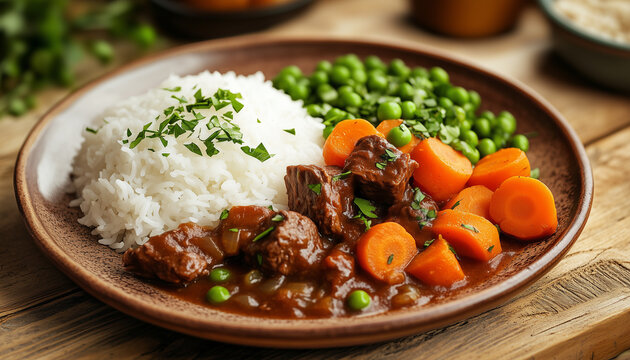 Kenyan ugali with sukuma wiki and meat stew served on plate. White cornmeal porridge with green vegetables and brown savory sauce