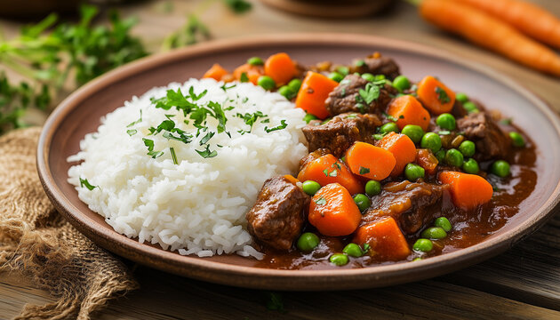 Kenyan ugali with sukuma wiki and meat stew served on plate. White cornmeal porridge with green vegetables and brown savory sauce