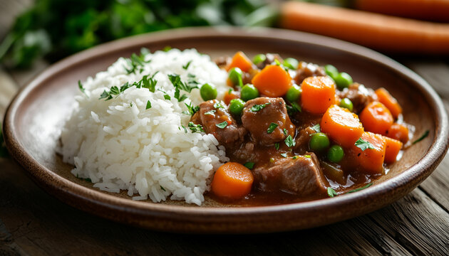 Kenyan ugali with sukuma wiki and meat stew served on plate. White cornmeal porridge with green vegetables and brown savory sauce
