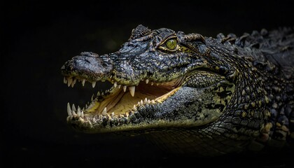 Fototapeta premium Close-up of a reptile with a rough, textured skin, open mouth, displaying sharp teeth, vivid eyes, and a dark background