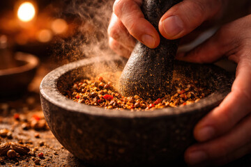 Spices being crushed in a mortar and pestle