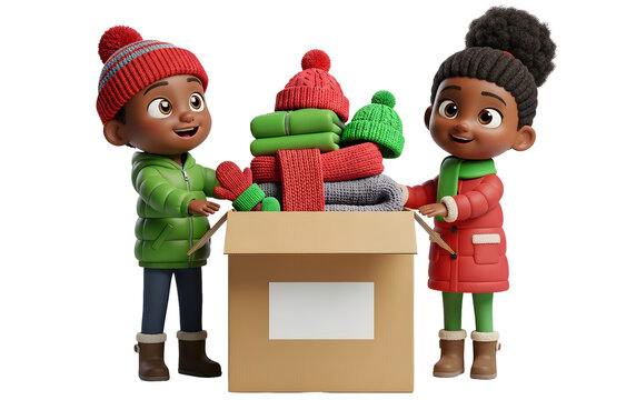 Duas Crian&ccedil;as Negras Menino e Menina Vestindo Roupas de Inverno Vermelho e Verde Apresentando uma Caixa de Roupas para Doa&ccedil;&atilde;o e Campanha do Agasalho