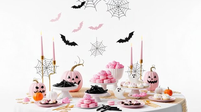 Halloween dessert table styled with pink sweets and themed props. Soft pumpkin decorations, ghost accents and spiderweb decals create a playful scene. White backdrop and tidy tableware complete the di