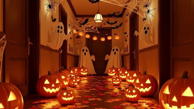 Halloween hallway lined with glowing jack-o'-lanterns and autumn leaves. Paper ghosts and cobwebs hang from the ceiling while bats fly above. Warm orange candlelight casts long shadows for a spooky se