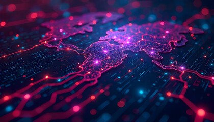 Digital World Map with Glowing Data Heatmap and Circuit Overlays
