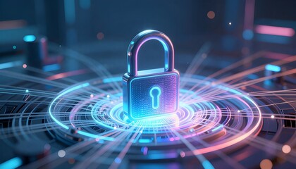 Digital Padlock Visualization on Glowing Tech Platform for Data Safety