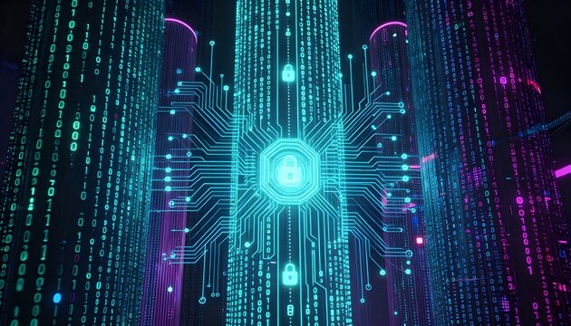 Secure Data Pillar with Padlock Icon and Binary Code Streaming