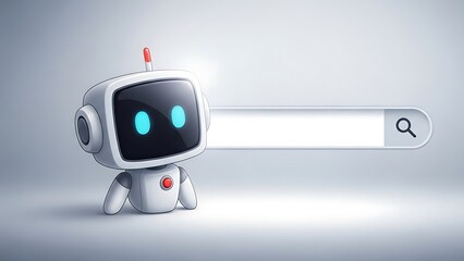 A small robot with glowing blue eyes next to a search bar